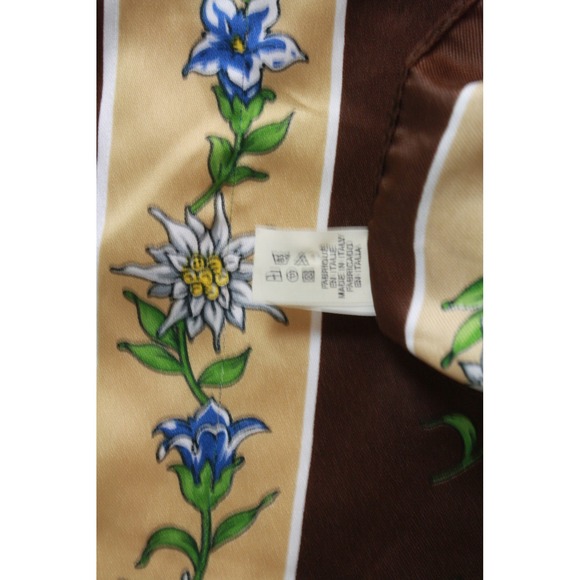 Brown Edelweiss Flower Silk Scarf Made in Italy Square Accent Neck Accessory - Picture 7 of 10